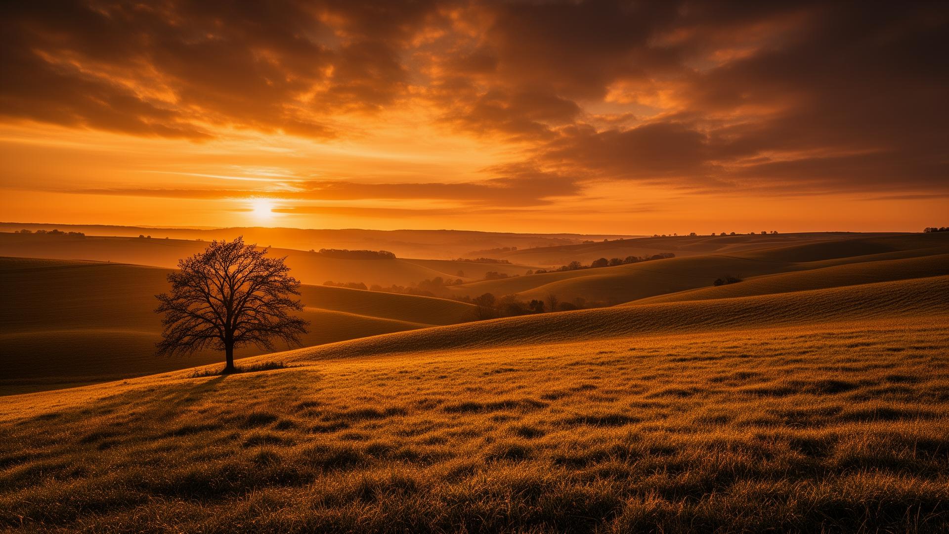 Sunset over rolling hills